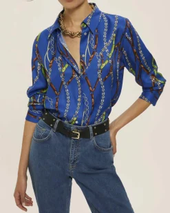 Camicia blu China Emme Marella in raso di viscosa a stampa briglie verdi e bordeaux