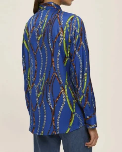 Camicia blu China Emme Marella in raso di viscosa a stampa briglie verdi e bordeaux