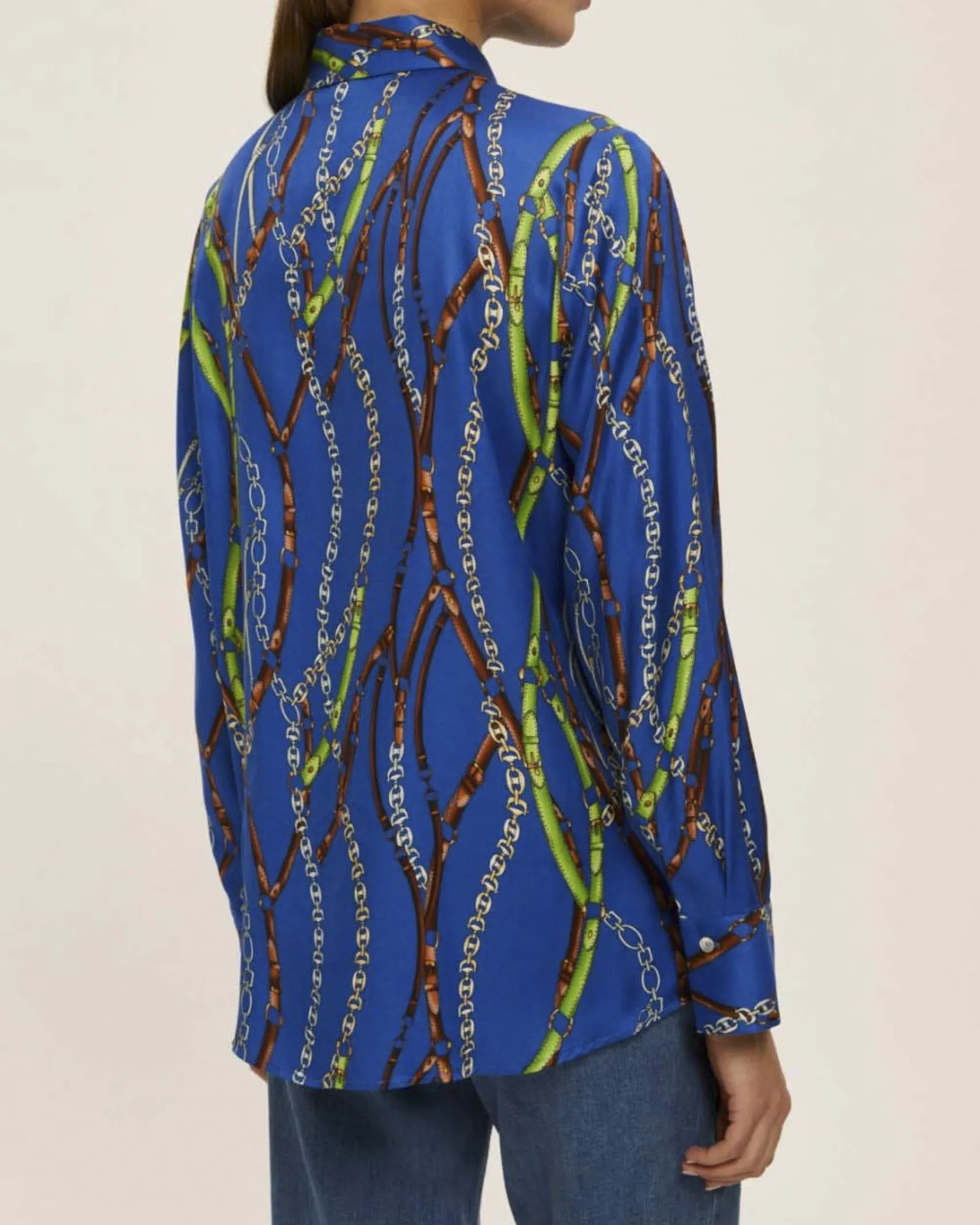 Camicia blu China Emme Marella in raso di viscosa a stampa briglie verdi e bordeaux
