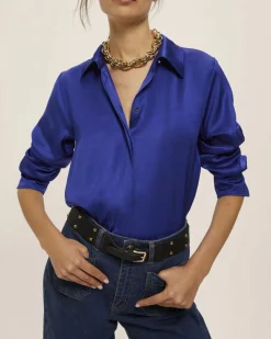Camicia blu China Emme Marella in raso di viscosa con colletto classico e bottone gioiello