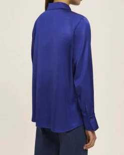 Camicia blu China Emme Marella in raso di viscosa con colletto classico e bottone gioiello