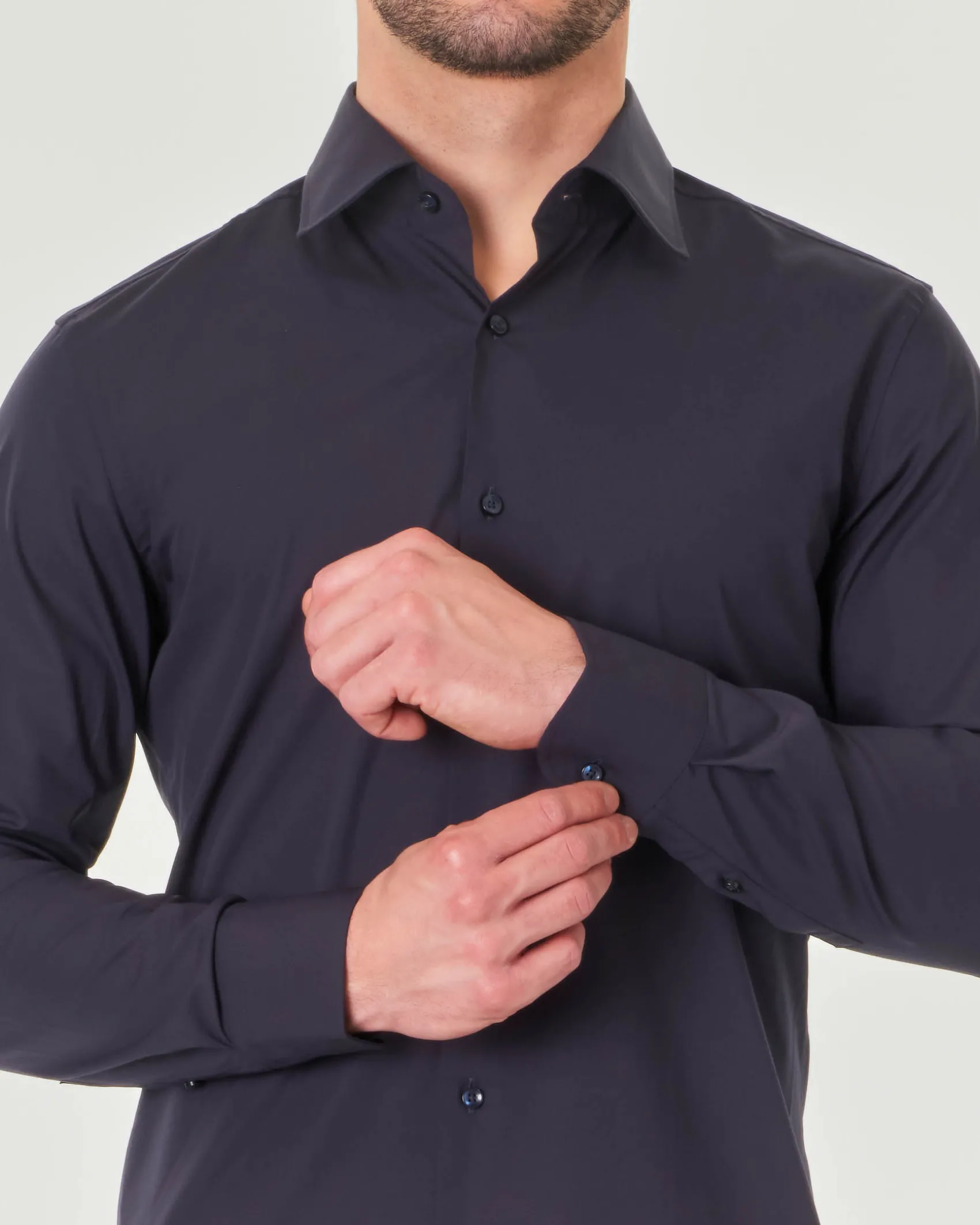 Camicia blu Hank in popeline di cotone stretch con colletto Kent