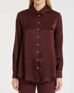 Camicia bordeaux Marella in raso di misto seta con colletto classico