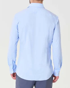 Camicia Boss azzurra Hank slim fit in tessuto tecnico stretch micro armatura con colletto Kent