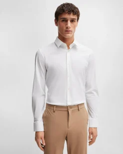 Camicia Boss bianca Hank slim fit in tessuto tecnico stretch con colletto Kent
