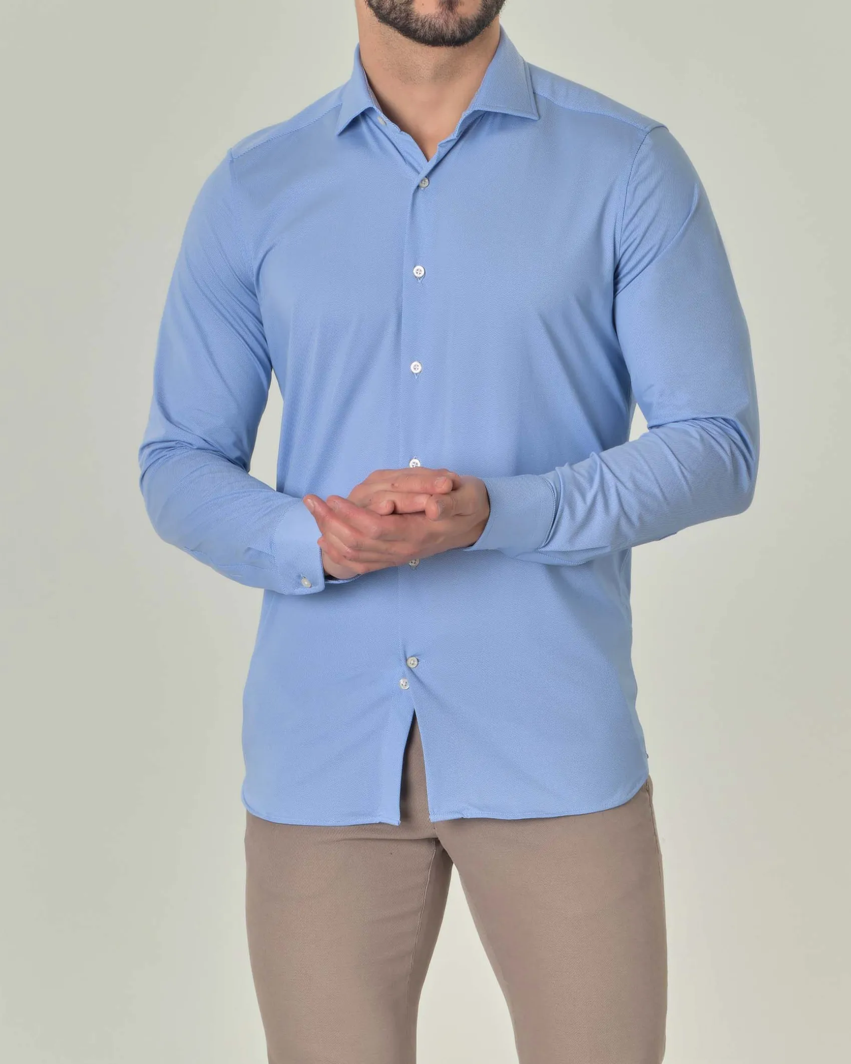 Camicia celeste Pellizzari in tessuto tecnico diagonale con collo alla francese