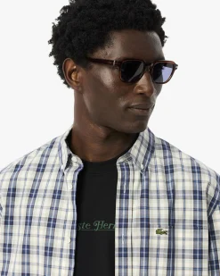 Camicia check bianca blu e noce Lacoste in popeline di cotone con collo button down e taschino