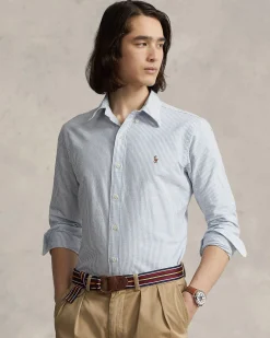 Camicia custom slim Polo Ralph Lauren a righe bianche e azzurre in oxford di cotone con colletto button-down