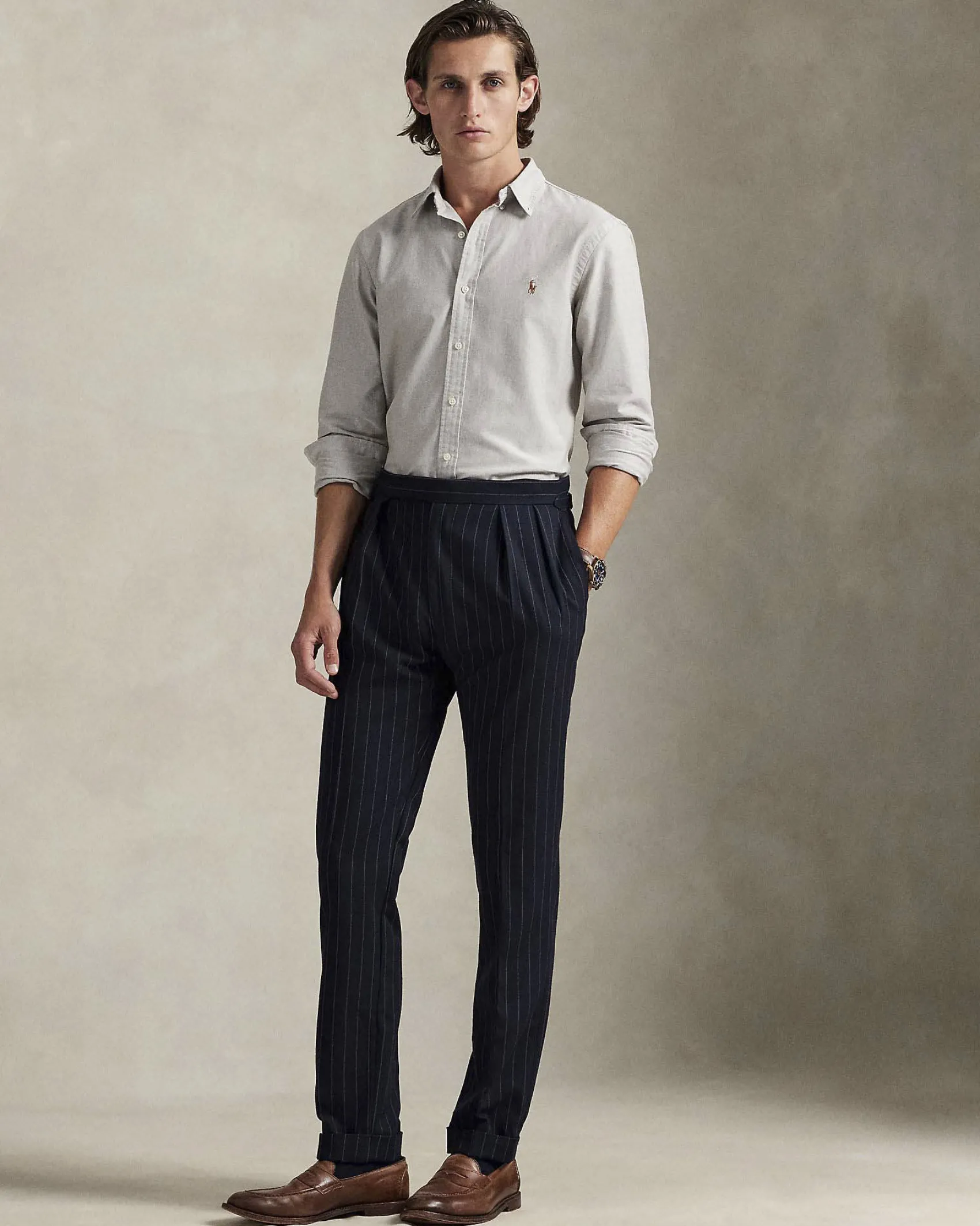 Camicia custom-fit Polo Ralph Lauren grigia in Oxford con colletto button-down e logo ricamato sul petto