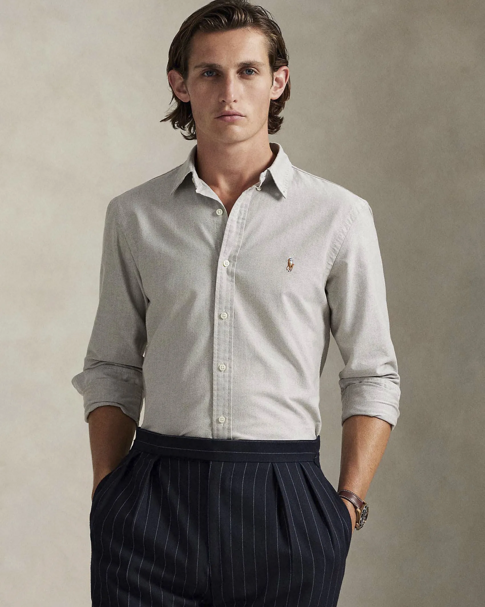 Camicia custom-fit Polo Ralph Lauren grigia in Oxford con colletto button-down e logo ricamato sul petto