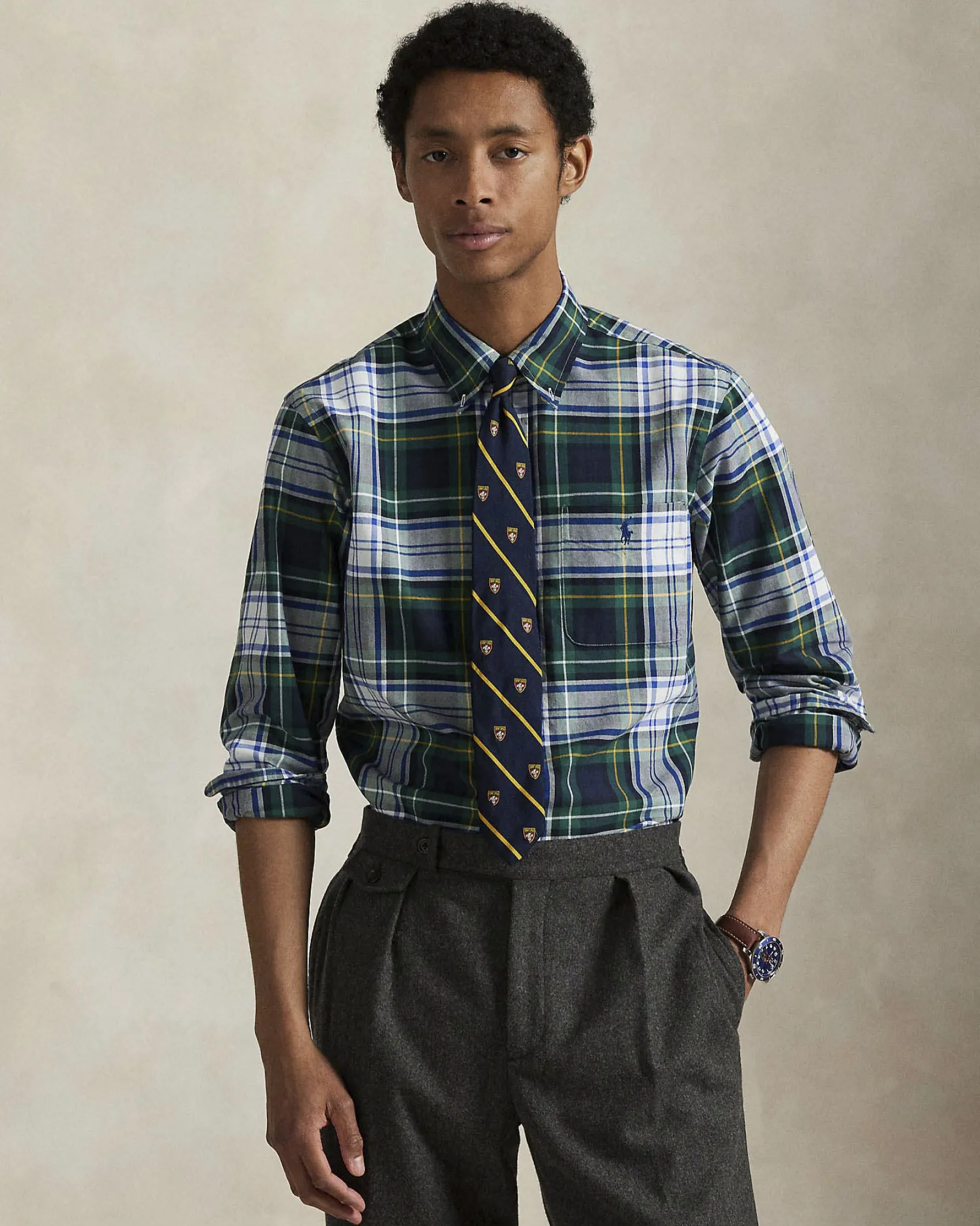 Camicia custom-fit Polo Ralph Lauren in Oxford check verde e blu con colletto button-down e taschino