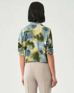 Camicia Emme Marella a fantasia acquerello azzurra e verde in raso di viscosa
