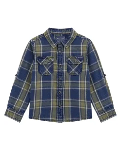 Camicia Guess denim di puro cotone a quadri blu e verde