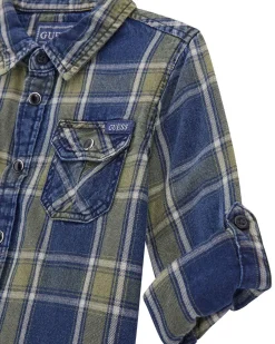 Camicia Guess denim di puro cotone a quadri blu e verde