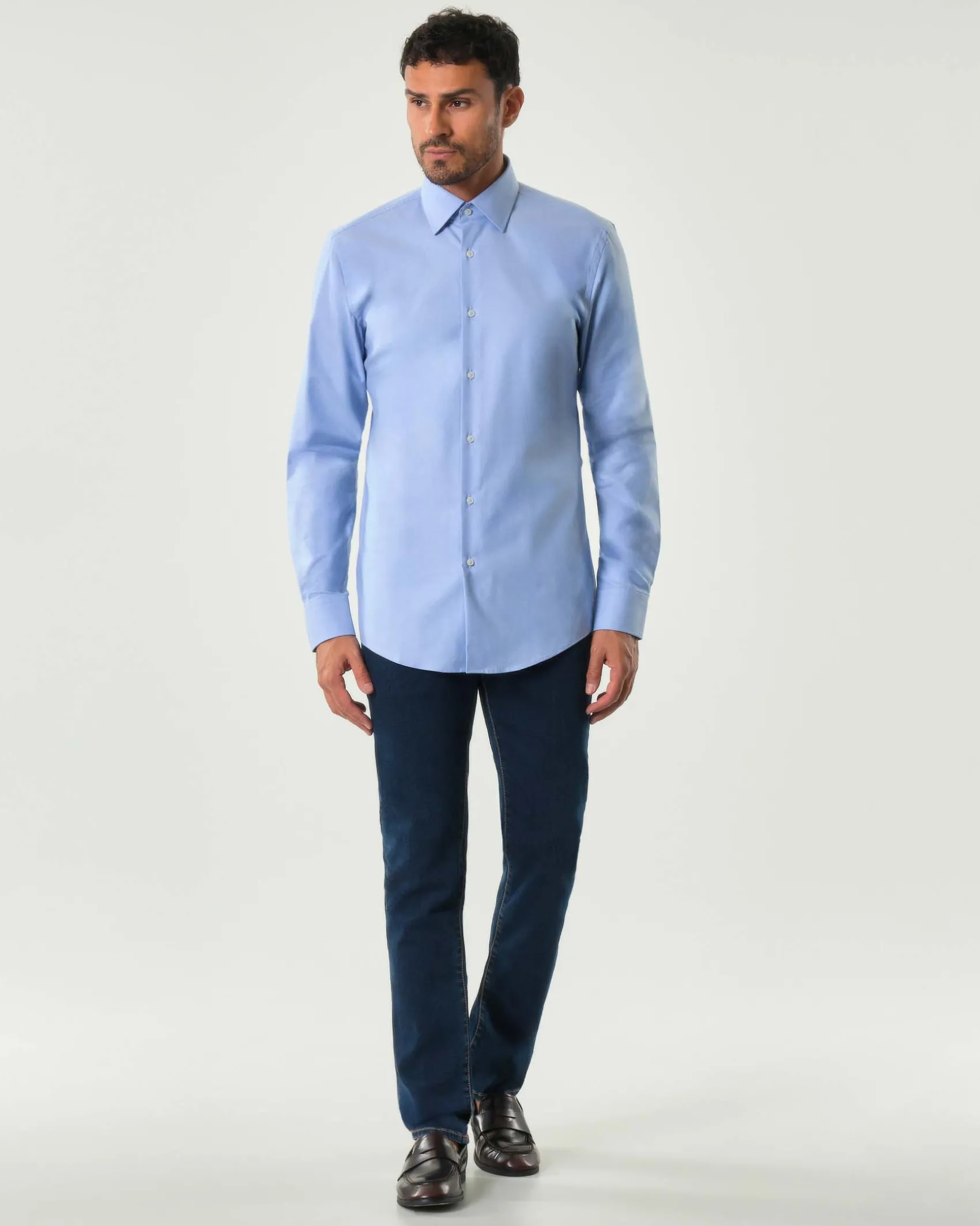 Camicia Hank Boss azzurra slim-fit in twill di cotone stretch con colletto Kent