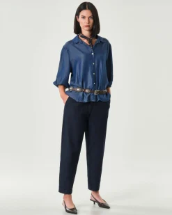 Camicia Hlo! blu stone washed chambray con maniche tre quarti a sbuffo