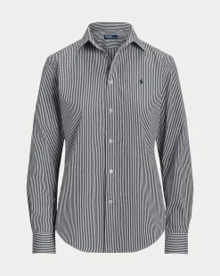 Camicia in cotone no stretch a righe bianche e nere con logo ricamato