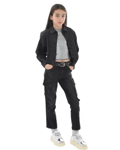 Camicia Kocca nera cropped in cotone con strass
