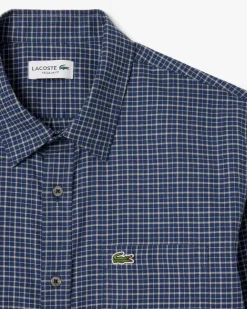 Camicia Lacoste a quadretti blu indaco in flanella di cotone con taschino al petto