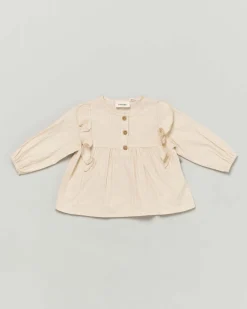 Camicia Lil'Atelier in cotone beige a fantasia rigata bianca con volants