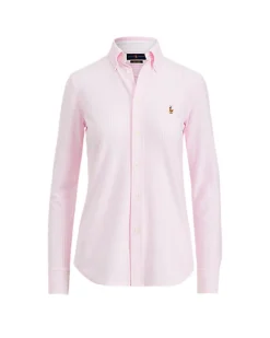 Camicia Oxford button down in mesh di cotone a righe bianche e rosa con logo ricamato sul petto