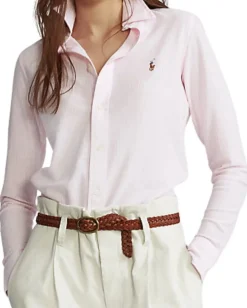 Camicia Oxford button down in mesh di cotone a righe bianche e rosa con logo ricamato sul petto