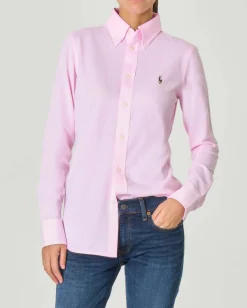 Camicia Oxford in maglia di cotone rosa con logo ricamato sul petto