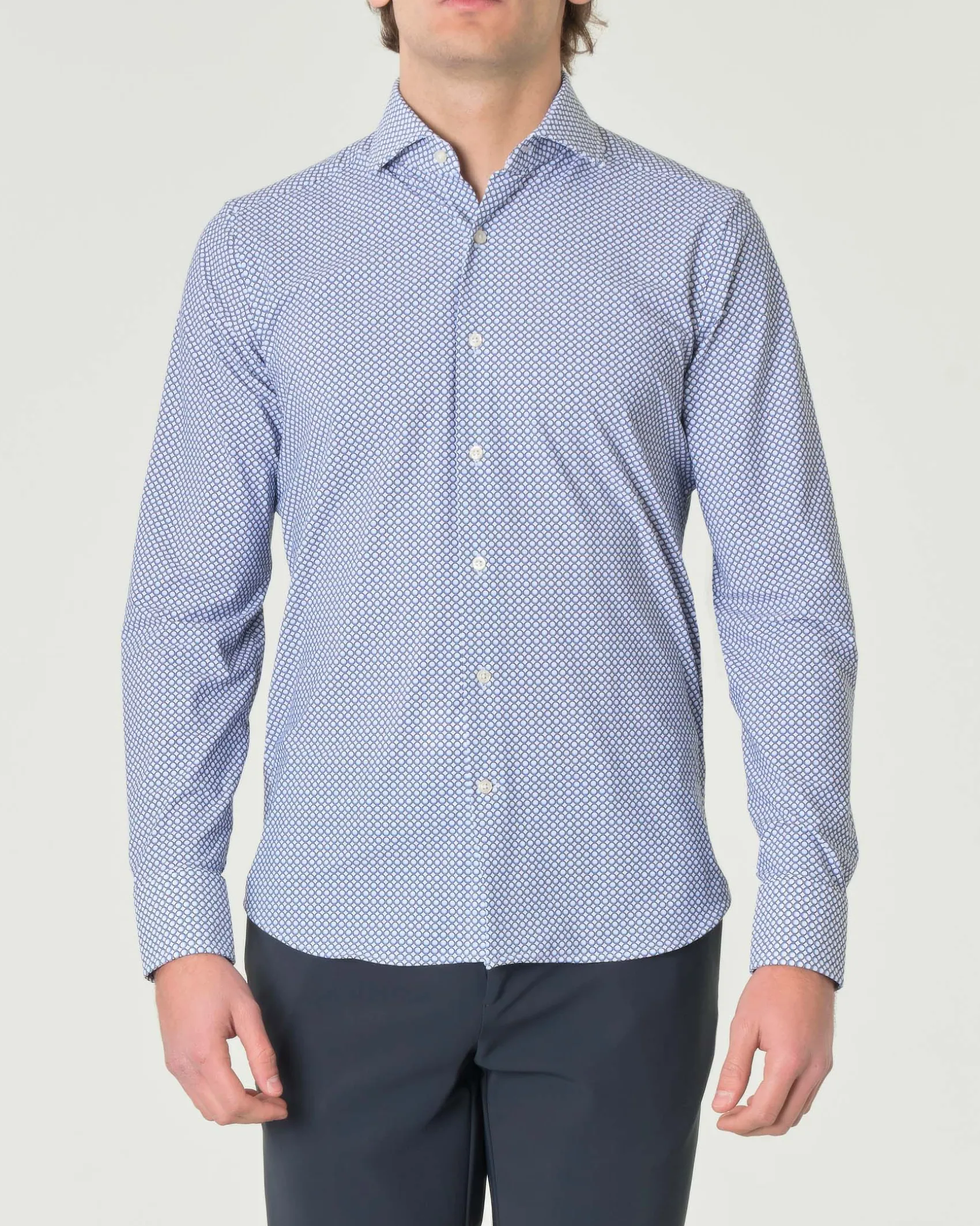Camicia Pellizzari azzurra slim-fit in tessuto tecnico con fantasia ad ottagoni