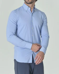 Camicia Pellizzari azzurra in tessuto tecnico hyper comfort simil popeline con collo button down