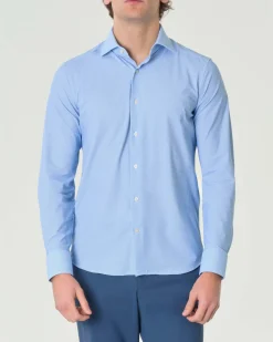 Camicia Pellizzari bianca e azzurra slim-fit in tessuto tecnico con micro-fantasia a nido d'ape