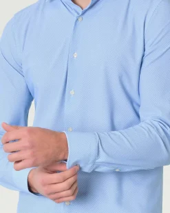 Camicia Pellizzari bianca e azzurra slim-fit in tessuto tecnico con micro-fantasia a nido d'ape