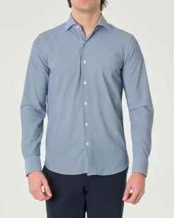 Camicia Pellizzari bianca e blu slim-fit in tessuto tecnico con micro-fantasia a nido d'ape