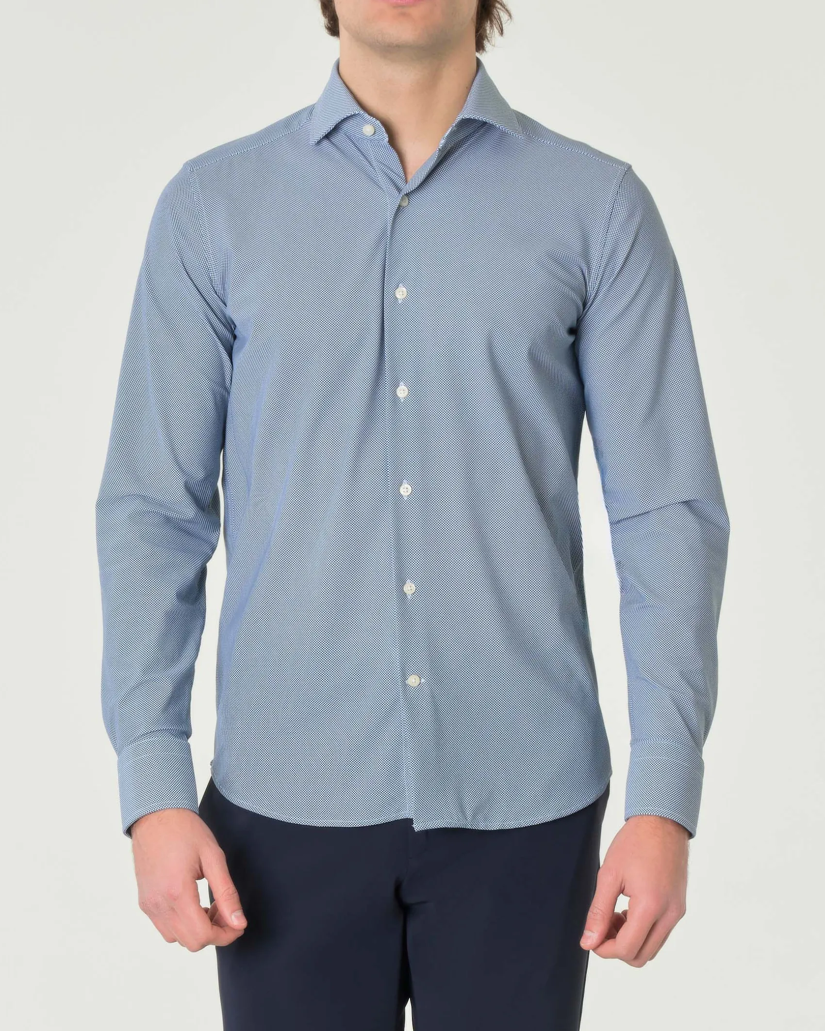 Camicia Pellizzari bianca e blu slim-fit in tessuto tecnico con micro-fantasia a nido d'ape