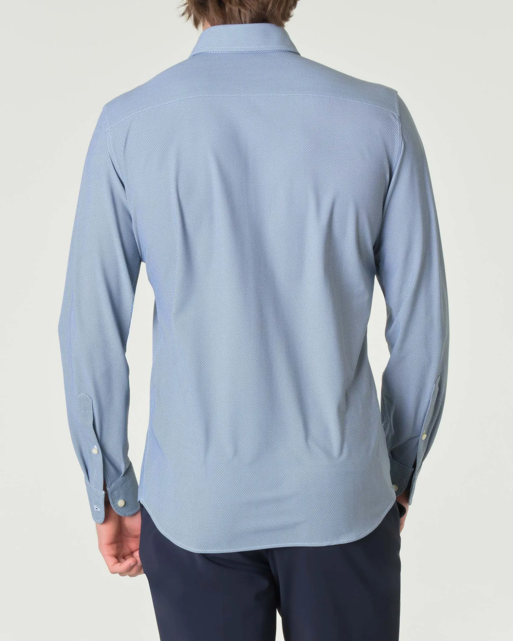 Camicia Pellizzari bianca e blu slim-fit in tessuto tecnico con micro-fantasia a nido d'ape
