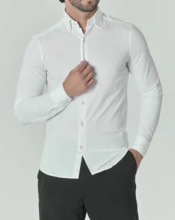 Camicia Pellizzari bianca in tessuto tecnico hyper comfort simil popeline con collo button down
