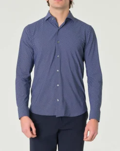 Camicia Pellizzari blu slim-fit in tessuto tecnico con micro-fantasia a pois azzurri
