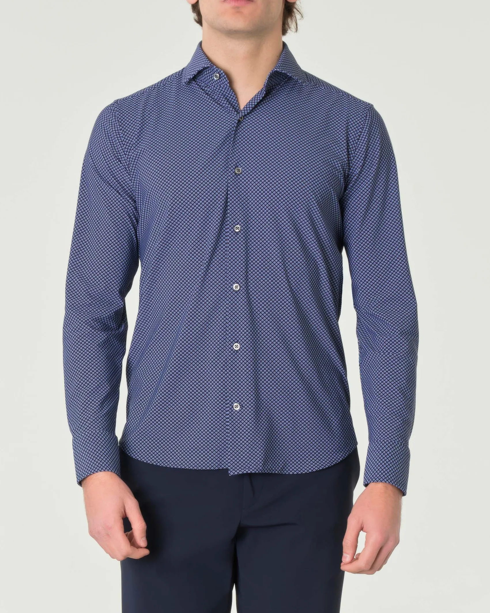 Camicia Pellizzari blu slim-fit in tessuto tecnico con micro-fantasia a pois azzurri