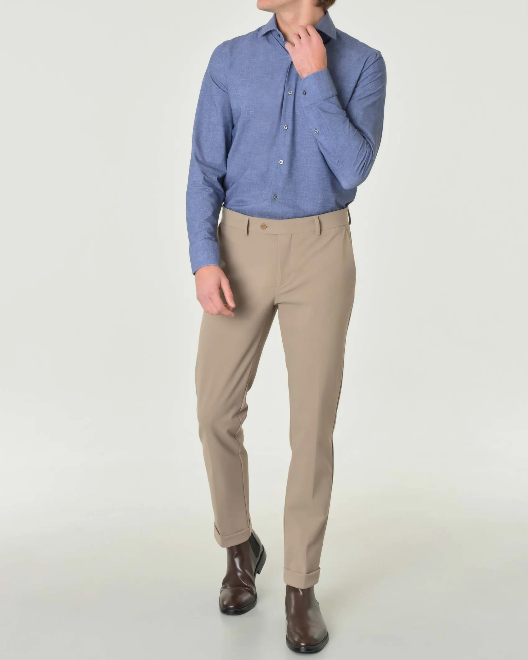 Camicia Pellizzari blu slim-fit in tessuto tecnico effetto chambray