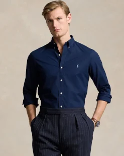 Camicia Polo Ralph Lauren blu in popeline di cotone stretch con colletto button down