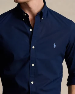 Camicia Polo Ralph Lauren blu in popeline di cotone stretch con colletto button down