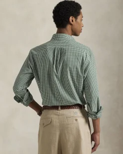 Camicia Polo Ralph Lauren custom-fit in popeline di cotone stretch a fantasia vichy bianco e verde con colletto button-down