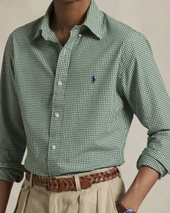 Camicia Polo Ralph Lauren custom-fit in popeline di cotone stretch a fantasia vichy bianco e verde con colletto button-down