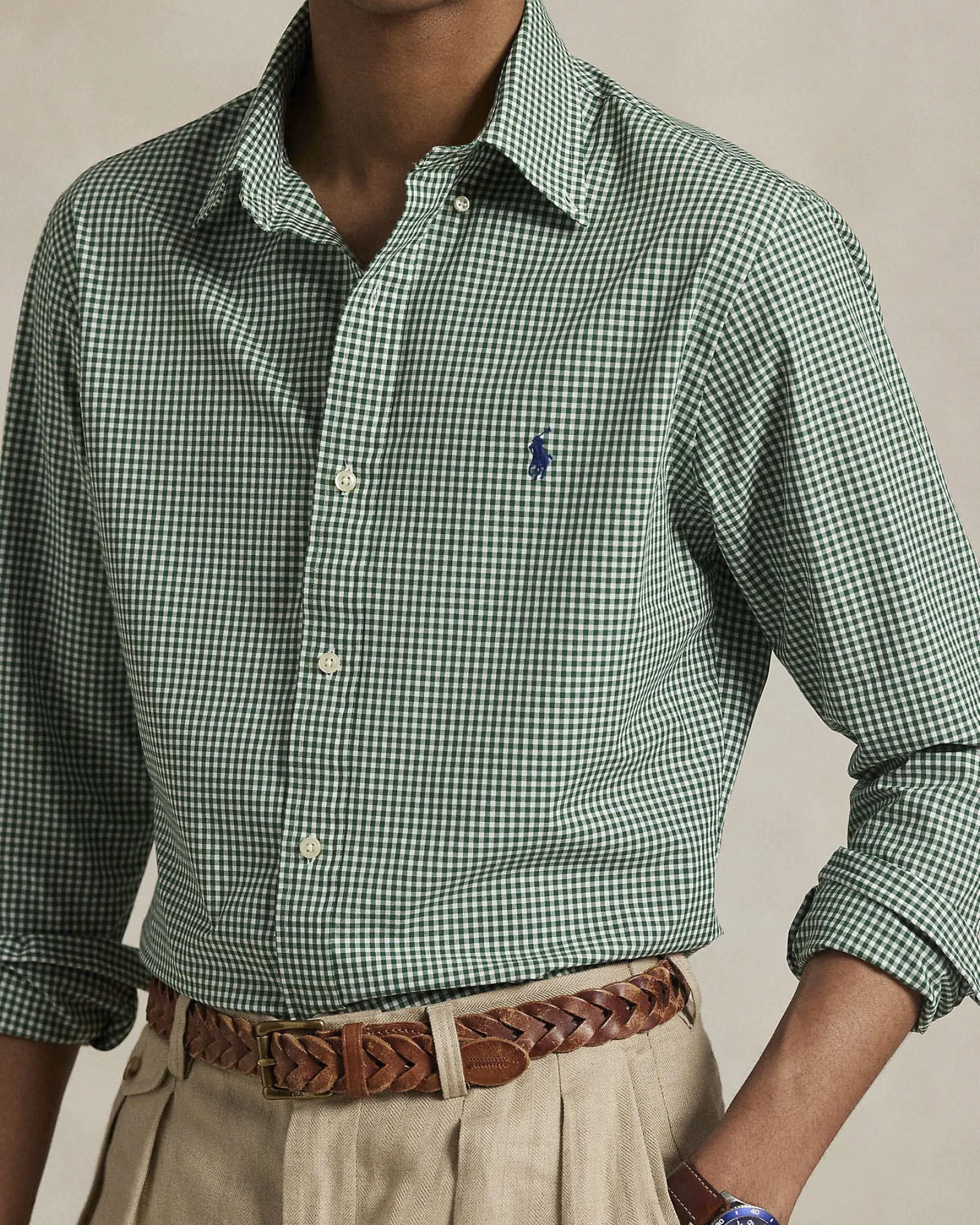 Camicia Polo Ralph Lauren custom-fit in popeline di cotone stretch a fantasia vichy bianco e verde con colletto button-down
