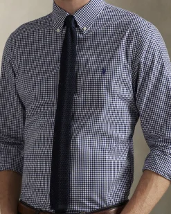 Camicia Polo Ralph Lauren custom-fit in popeline di cotone stretch a fantasia vichy bianco e blu con colletto button-down