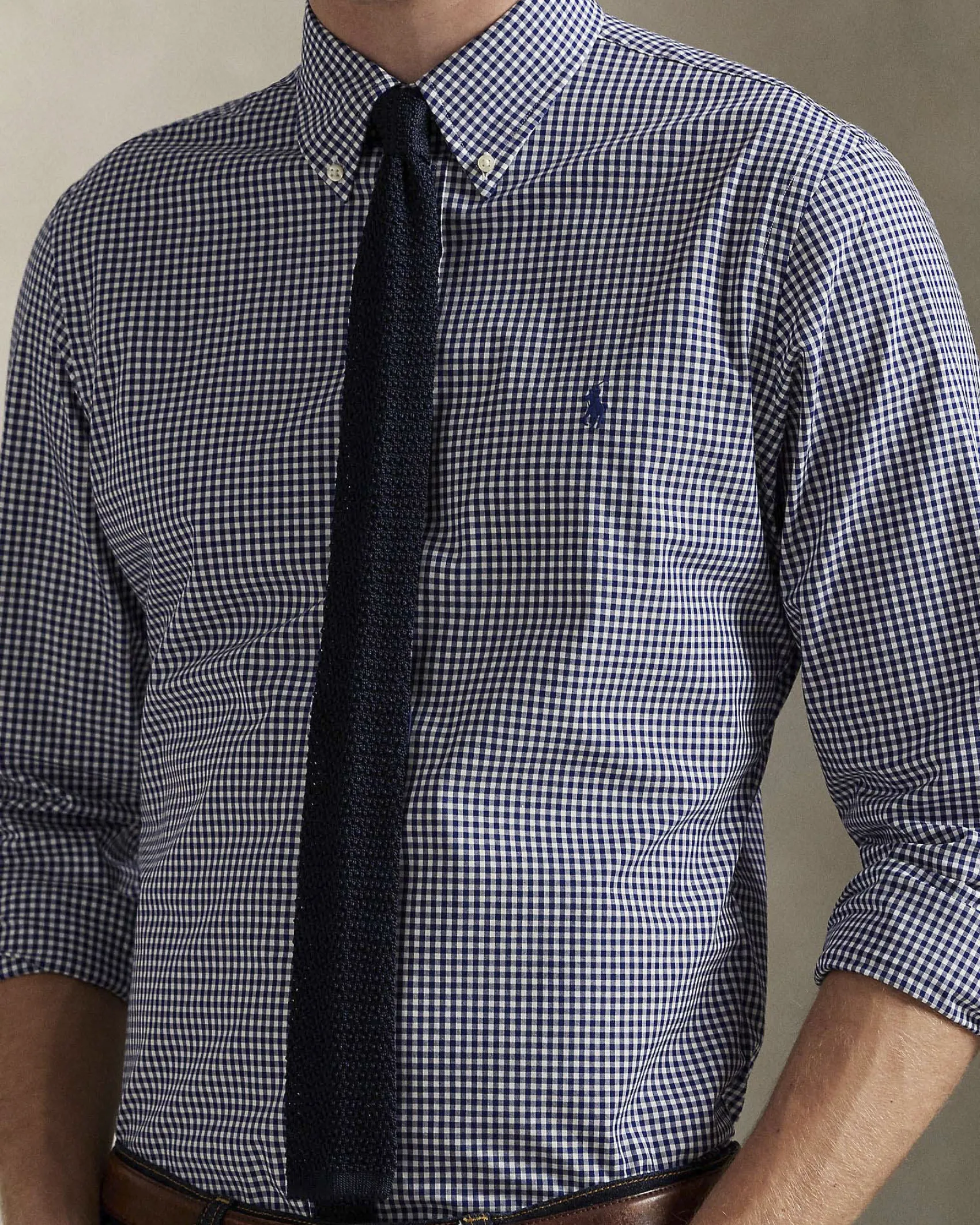 Camicia Polo Ralph Lauren custom-fit in popeline di cotone stretch a fantasia vichy bianco e blu con colletto button-down