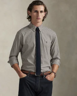 Camicia Polo Ralph Lauren custom-fit in cotone stretch a fantasia vichy bianca e marrone con colletto button-down