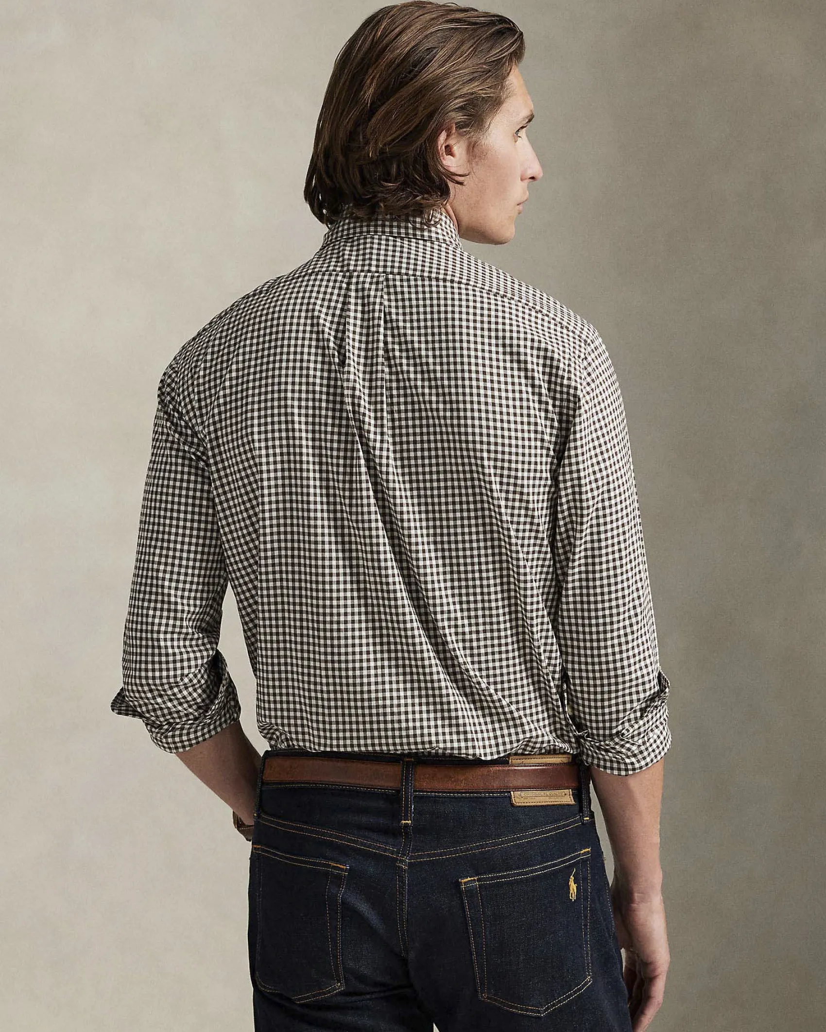 Camicia Polo Ralph Lauren custom-fit in cotone stretch a fantasia vichy bianca e marrone con colletto button-down