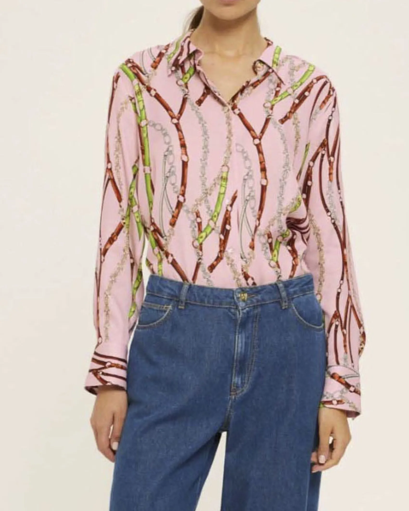 Camicia rosa Emme Marella in raso di viscosa a stampa briglie verdi e bordeaux