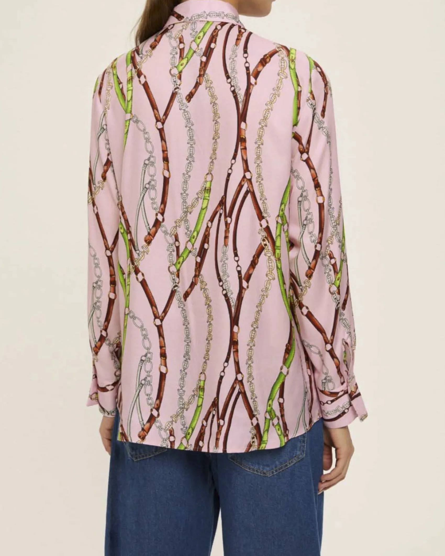 Camicia rosa Emme Marella in raso di viscosa a stampa briglie verdi e bordeaux