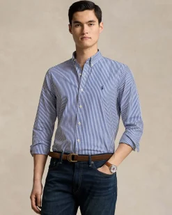 Camicia slim Polo Ralph Lauren a righe bianche e blu in popeline di cotone stretch con colletto button-down